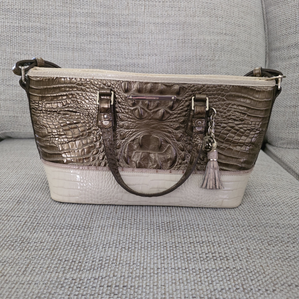 Brahmin Brown and Cream Croc-Embossed Shoulder Bag